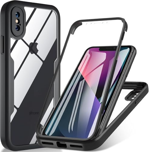 XYZNTMF for iPhone X Case iPhone XS Case with Built-in Screen Protector Shockproof Silicone Bumper Hard Clear Shell Full Body Protective Cover Rugged Transparent Back Case for iPhone X/XS, Black