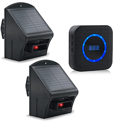 IGREEN Solar Wireless Driveway Alarm, Weather Resistant Outdoor Motion Sensor Alarm with Receiver and 2 Detectors, Weatherproof Outside Wireless Driveway Sensor with Rechargeable Battery