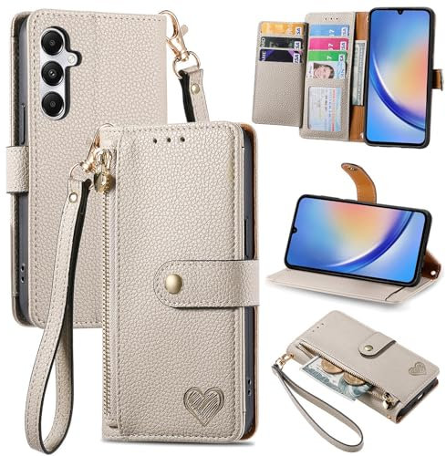 VEEMOS Zipper Wallet Case for Samsung Galaxy A35 5G Phone Case with Purse Card Holders RFID Blocking Leather Flip Case Book Cover Wrist Strap Women - Gray