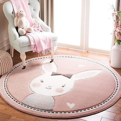 Sedefen Kinder Teppich Rund 120cm Kinderzimmer Mädchen Rosa Hasen Motive Kinderteppich Waschmaschinenfest rutschfest Flauschig Teppich für Schlafzimmer Wohnzimmer
