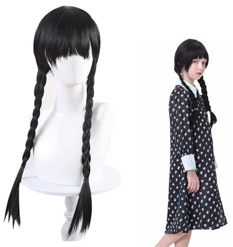 Wednesday Perücke für Kinder,Wednesday Perücke Schwarz Lang,Mittwoch Addams Cosplay,Geflochtene Schwarze Zopfperücke,Schwarze Geflochtene Perücken für Faschingskostüme Karneval Halloween Cosplay