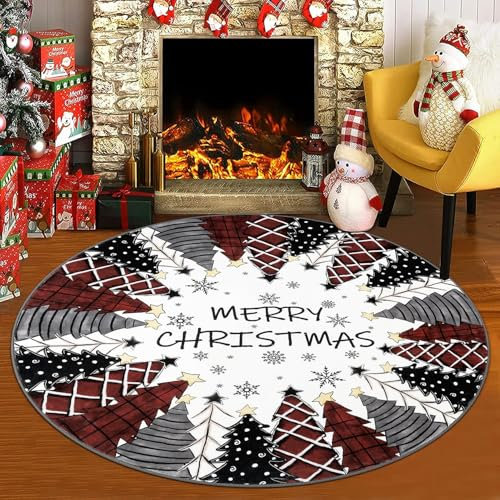 SHACOS Weihnachtsteppich Rund 150 cm Teppich Weihnachten Rund rutschfest Weihnachtsmatte Teppich Runder Weihnachtsteppich für Wohnzimmer, Flur, Kinderzimmer, Rot/Weiß