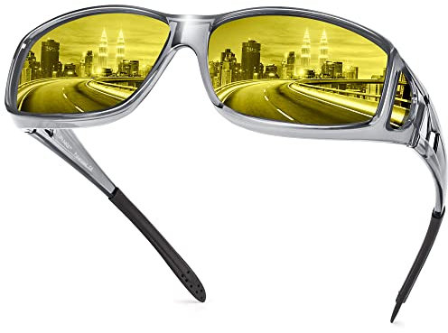 URUMQI Nachtsichtbrille für Autofahrer Herren Damen Überzieh Nachtsichtbrille Gelb Getönte Polarisierte Gläser Nachtbrille zum Autofahren Blendschutz Ultra Leicht Glänzend Grau Rahmen