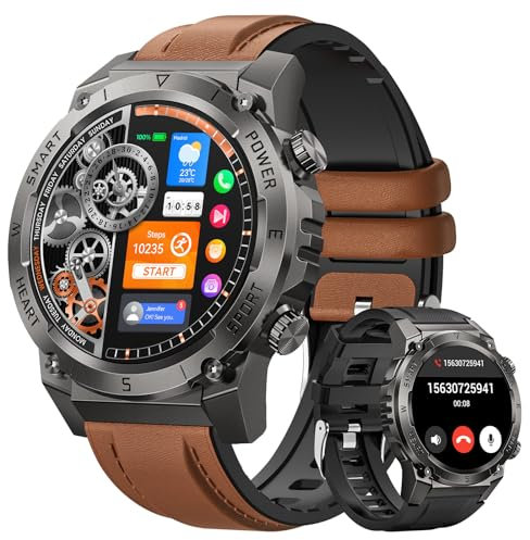 Montre Connectée Homme Militaire, 1.46 Smartwatch Homme avec Appel Bluetooth, 500mAH IP68 Étanche 120 Sportifs 24/7 Moniteur de Fréquence Cardiaque et Sommeil, Smartwatch pour Android iOS, Marron