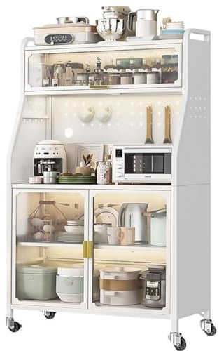 BYYBOU Buffetschrank Küchenschrank Hochschrank Schrank Küche Mehrzweckschrank 86cm Breit mit Rad, Vorratsschrank Mikrowellenschrank Mutfak Dolabı mit verstellbare Regal und Türen Weiß (86x36x162cm)