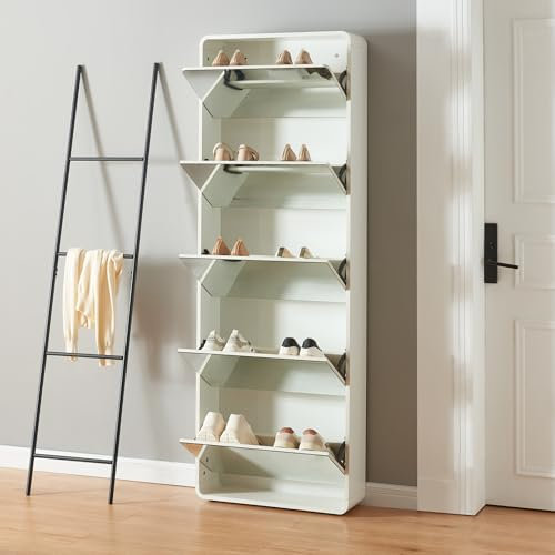 [en.casa] Schuhschrank Aure Schuhkipper mit 5 Klappen Schuhkommode mit Spiegel Schuhregal platzsparend für 10 Paar Schuhe Schuhablage Schuhaufbewahrung 180 x 63 x 20 cm Weiß