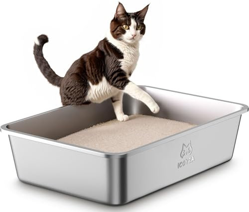 Stainless Steel Cat Litter Tray, Litter Box for Large and Small Cats, High Sided Metal Litter Tray, Toilet for Cat Kitten Rabbit and Guinea Pig, Non-Stick, Odor-Free, Easy to Clean