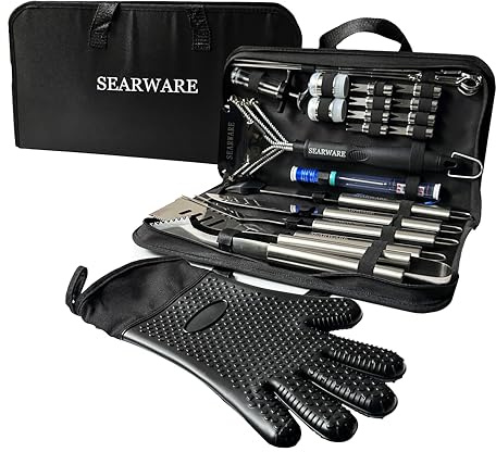 SEARWARE Barbecue Grill Tool Set - Stainless Steel - Strong Durable Design - Heat Resistant Glove & Bristle Free Grill Brush - Thermometer, Meat Injector, & Corn Skewers - Perfect For Smokers & Grills