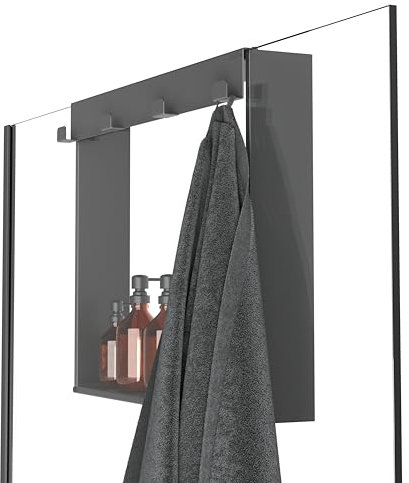 EMILORA Duschablage ohne Bohren 50x40x12 cm schwarz zum Einhängen an Glaswand o. Glastür – Edelstahl Ablage mit 4 Handtuchhaken, perfektes Duschregal, Duschkorb & Handtuchhalter für Bad und Dusche