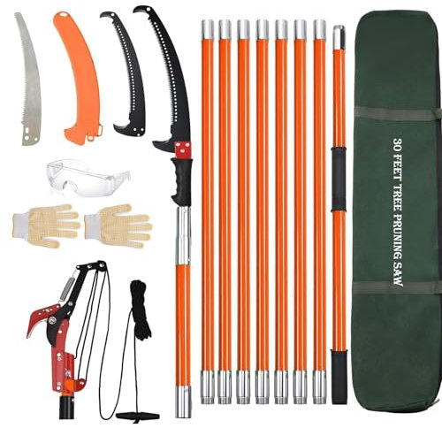 Manual Pole Saw, 7.3-30 ft Extendable Tree Pruner, Sharp Steel Blade and Scissors High Branches Trimming, Branch Trimmer with Lightweight 9 Fiberglass Handles, for Pruning Palms and Shrubs