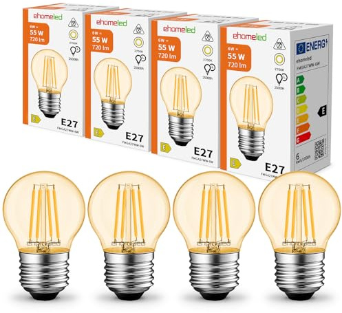 E27 LED G45 Mini Glühbirne 6W ersetzt 55W Glühlampe, Warmweiß 2300K 4 Stück | 720LM E27 LED Warmweiss, Nicht Dimmbar, Goldenes Glas & Retro-Filament Dekorative LED Vintage Lampe für Bar & Restaurant