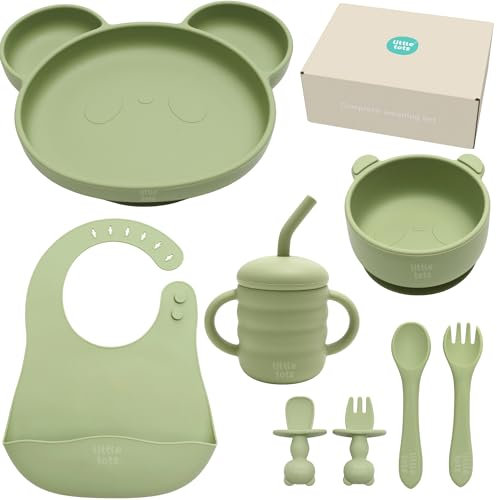 Little Tots® - Juego de 8 piezas de silicona con ventosa para bebé, babero, taza para beber + pajita, cuchara + tenedor, tenedor de destete + cuchara, juego de alimentación de 8 piezas para bebé