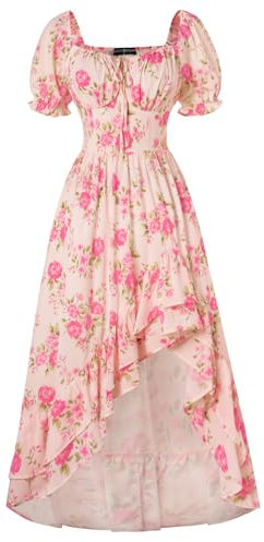 SCARLET DARKNESS Summer Floral Dresses for Women UK Puff Sleeves Smocked Irregular Hem Milkmaid Dress Pink Floral L