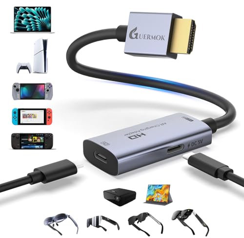 Guermok AR Glasses HDMI to USB-C Display Adapter, 4K@60Hz Play and Charge XR Converter with DC 5V, for XREAL One/Air 2 Pro/RayNeo/Rokid, Steam, Switch2/1, PS5/4, Portable Monitors (Sliver)