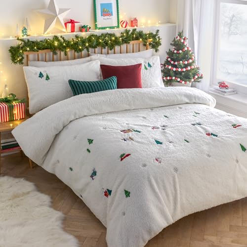 furn. Christmas Together Bettbezug-Set (Schnee - Super King) | Festliche Bouclé-Fleece Bettwäsche Mit Gesticktem Winter-Schneengel
