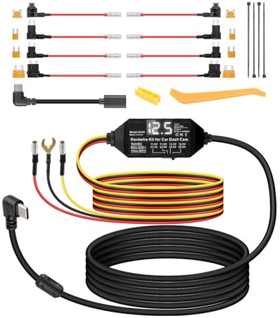RIIEYOCA USB-C Multi-Size Dash Cam Hardwire Kit mit LED-Bildschirm 3-Lead Acc Hardwire Kit für Dash Cam 12V-24V zu 5V Typ-C Hard Wiring Kit Stromkabel, Unterstützung Acc-Modus （11.4ft/3.5m