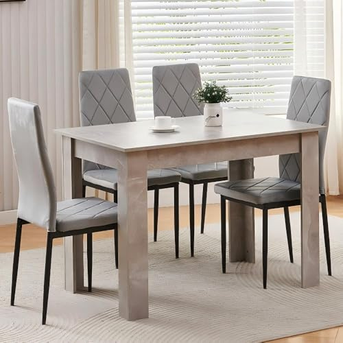 Homullel 110cm Dining Table and 4 Chairs, 4 Seater Kitchen Table and Chairs Set for Space Saving, Dining Room Set for 4, Grey (4 Seaters, Gray Flannel Argyle Grid)