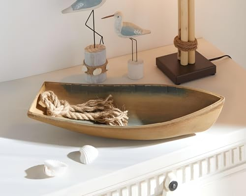 Dekoleidenschaft Dekofigur Boot aus MDF, Holzoptik im Shabby Look, 42 cm lang, Ruderboot, Fischerboot, Deko Figur maritim