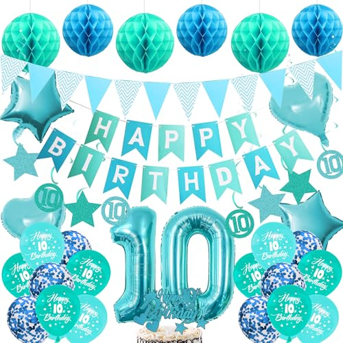 Deko 10. Geburtstag Mädchen Junge - 45 Stück Ballons für 10 Jahre Kinder | Teal Deko mit Banner Wimpel Girlande Folienballon Luftballons Tortendeko für 10 Jahre Kinder Mädchen Jungen Geburtstagsdeko