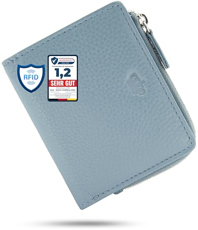 Baur – Damen Geldbörse klein Leder (Silber Reißverschluss, Tauben Blau) | Kleines Portemonnaie, RFID-Schutz, 7 Kartenfächer, Druckknopfverschluss, Münzfach mit Reißverschluss, geprägtes Rindsleder