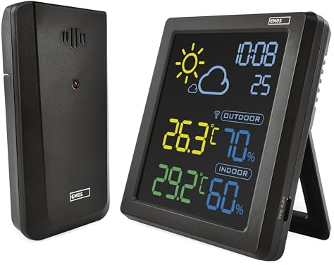 EMOS - Funk Wetterstation mit VA-Farbdisplay und drahtlosem Außensensor - Thermometer, Hygrometer, Wettervorhersage, Uhranzeige, Wecker - Comfort View Anzeige - 1,5m USB-C Kabel - schwarz