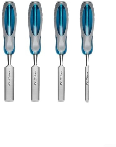 Set of 4 Wood Chisels with Chrome Vanadium Steel Blades Designed for Precision Carving and Woodworking Projects with Comfortable Plastic Handles and Edge Guards