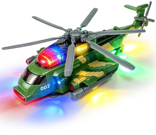 Helicopter Airplane Toy - Military Army Plane Toys with Lights & Music | 360° Rotating, Bump and Go Electric Helicopter Aeroplane Airport Toys for Boys Kids Toddlers Indoor Play Birthday Gifts