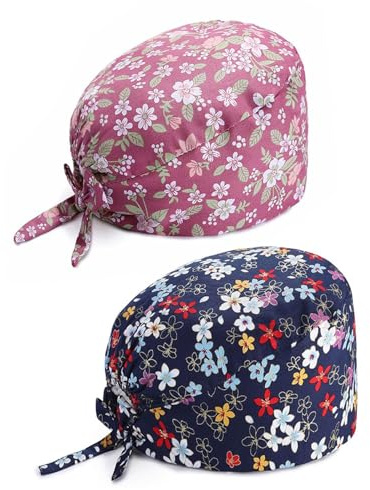 UYRVAPE 2 pezzi Berretto Chirurgico Regolabile con Bottone Berretto da Lavoro da Infermiera Stampa Cotone Unisex con Cappuccio Antipolvere per Infermieri, Medici