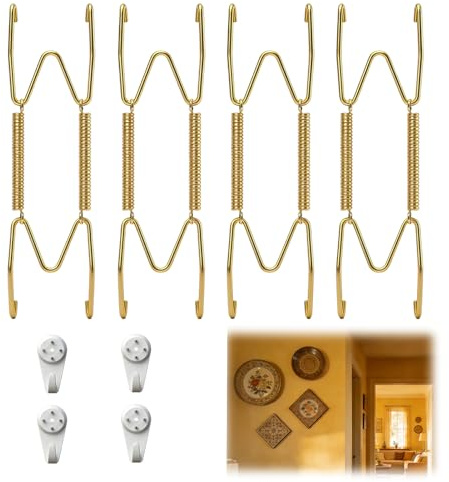 Set di 4 porta piatto da parete in metallo dorato da 10 pollici, supporto da parete senza forare con ganci trasparenti, gancio da parete per piatti decorativi, piatti e piccoli vassoi