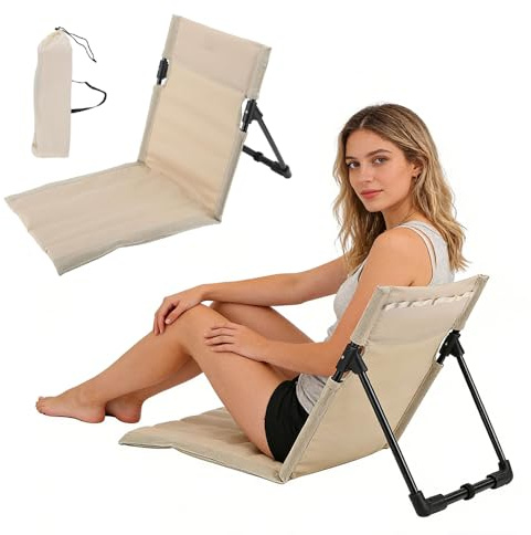RNPKZ Strandsitz mit Rückenlehne, Strandkorb mit Rückenlehne, Bodenstuhl Gefaltetes Sitzkissen, Tragbare Strandliege Faltbarer Bodenstuhl Klappbares Tribünenkissen für Picknick, Angeln,Camping (Beige)