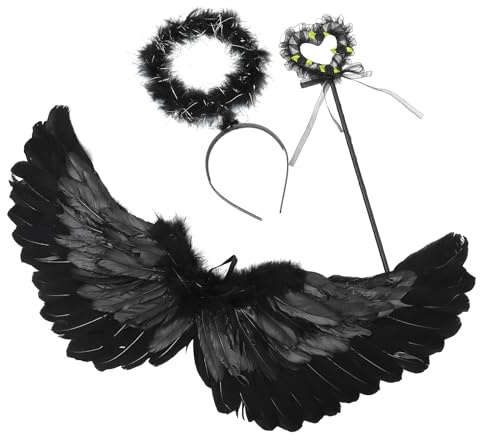 TINEASUR Disfraz de Ángel Niña Alas Negras Ligeras y Aro Pelo, Material Plástico, Fácil de Poner y Quitar para Uso Diario y Actuaciones en Escenario