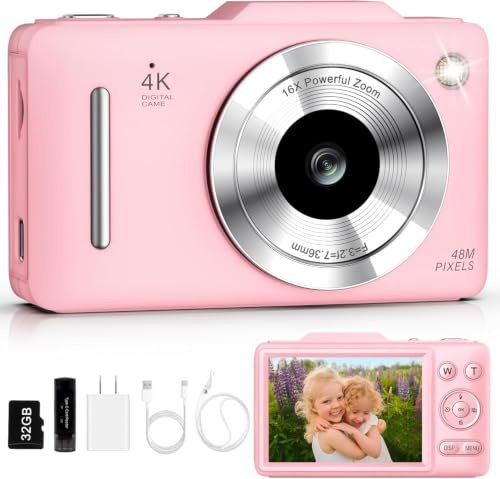 Appareil photo numérique 4K pour enfants - Caméra de vlogging autofocus 48MP avec carte de 32 Go, zoom 16x, anti-tremblement, appareil photo compact pour adolescents et débutants, cadeau