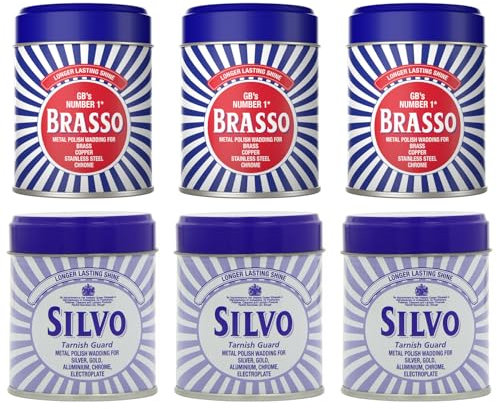 Brasso 3 x Brasso Wadding Duraglit + 3 x Silvo Wadding Duraglit Polish Tins | Multi-Metal Cleaning | For Brass, Copper, Silver, Gold, Chrome, Pewter | Removes Tarnish & Restores Shine
