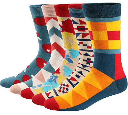 Ueither Men's Fun Dress Socks Colorful Funky Patterned Cotton Crew Socks (Color 7 (5 Pairs),8-13.5)