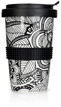 Mahlwerck Kaffeebecher to go, Porzellan Coffee-to-go Becher mit auslaufsicherem Deckel, Mandala Motiv in Schwarz-Weiß, 400 ml