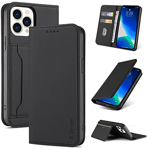 S. Dawezo Cover iPhone 13 Pro, Custodia Libro Pelle Flip Portafoglio con Funzione di Supporto Carte Portacellulare Magnetica per iPhone 13 Pro– Nero
