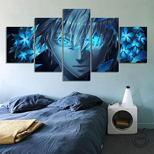 Wondbeau Leinwanddrucke Modulare Wandkunst Wandaufkleber 5 Teiliges Wandbild Druck auf Leinwand Malerei Moderne Abstrakte Poster Mit Rahmen M/100cm×50cm Satoru Gojo Jujutsu Kaisen