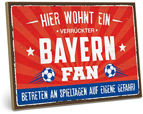 ARTFAVES® Wandbild Holzschild mit Spruch - Hier wohnt ein verrückter BAYERN Fan - Türschild Retro Vintage Deko Bild Geschenk - Fussball, München