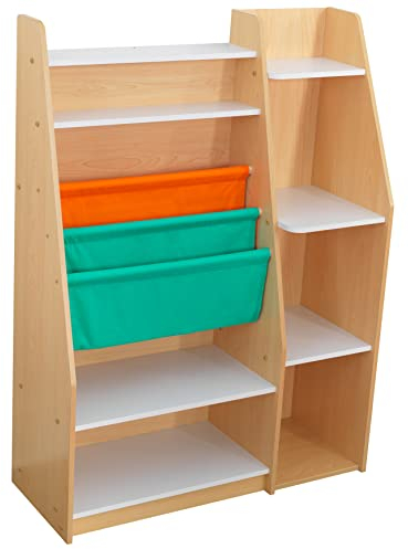KidKraft Pocket Bücherregal aus Holz mit Aufbewahrungstaschen, Kinderregal mit Aufbewahrungsfächern, Spielzeug-Organizer, Kinderzimmer Möbel, 20309