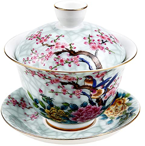 FERCAISH Chinese Ceramic Tea Cup, Traditional Enamel Tea Set with Lid Hand-Painted Tea Bowl and Saucer - Gaiwan Tea Set for Flower Tea Bags, Black Tea