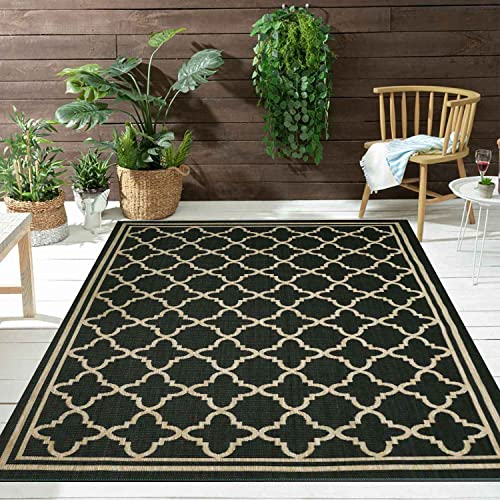 VIMODA Teppich In- und Outdoor Flachgewebe Terrasse Balkon Wetterfest Wintergarten Robust Marokkanisch geprägtes Design, Farbe:Beige-Black, Maße:60x100 cm