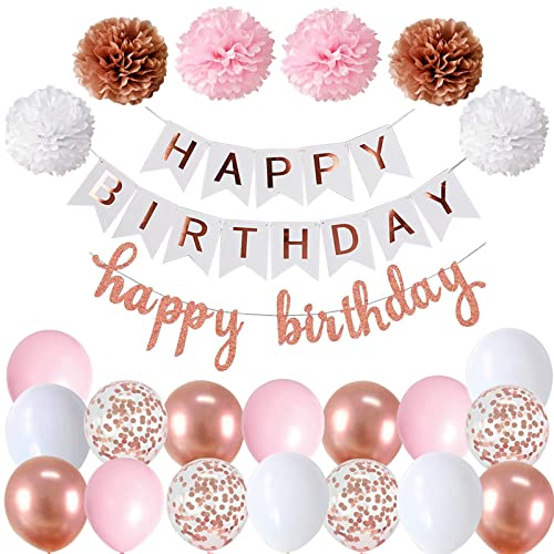 Buon Compleanno Oro Rosa Bianca Happy Birthday Banner Striscione Buon Compleanno Oro Rosa Bianca Festone Pompon Palloncini