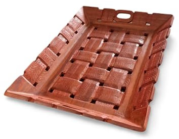 Stylla London Sheesham Wooden Serving Tray - Handcrafted Rustic Platter for Serving Food and Drinks - Natural Wood with Traditional Indian Carvings - 13x9 Inches