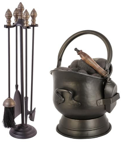 Fireplace Log Burner Accessories Set Vintage Style Brass Acorn 4pc Companion Set & Coal Hod Scuttle Bucket with Scoop Recycled Iron Fire Tools Set