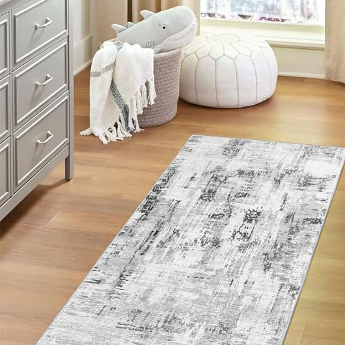 Vamcheer Machine Washable Modern Rug - 80x150CM Abstract Runner Rug for Doorway Entryway Soft Faux Short Pile Area Rugs for Living Room Non Slip Non Shedding Carpet for Bedroom Kitchen, Grey