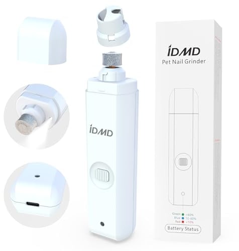 IDMD dog nail trimmers-Powerful 2-Speed dog nail grinder-with safe LED lighting and battery capacity indicator light & type-c USB rechargeable quiet pet nail grinder clipper for dogs/cats(White)