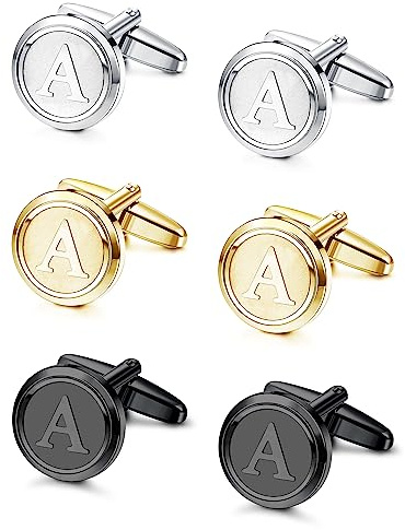 LOLIAS 3 Pairs Initial Cufflinks For Men Classic Mens CuffLinks Set Letter Cuff Links for Casual to Formal with Gift Box Silver Black 14K gold plated Cufflinks for Father Husband,A