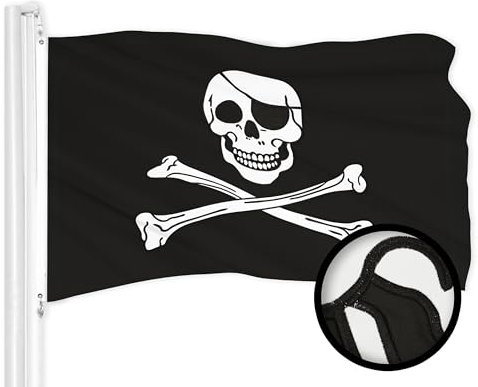G128 Piraten-Flagge Jolly Roger Bones, 90 x 150 cm, ToughWeave-Serie, bestickt, 300D-Polyester, besticktes Design, für drinnen und draußen, Messingösen