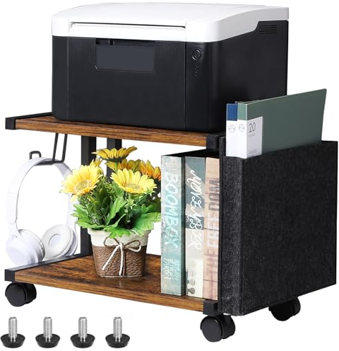 2 Tier Printer Stand with Storage Bag Wheels Desktop Storage and Organize Under Desk Printer Cart Multifunction Printer Shelf with Anti-skid Feet for Home Office (Brown)