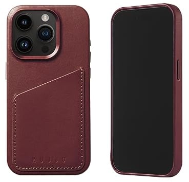Mujjo Schutzhülle aus Leder, passend für iPhone 15 Pro, MagSafe-kompatibel, Premium-Leder, für 3 Karten, verbesserter Schutz, aus recycelten Materialien, schlankes Profil, Burgunderrot